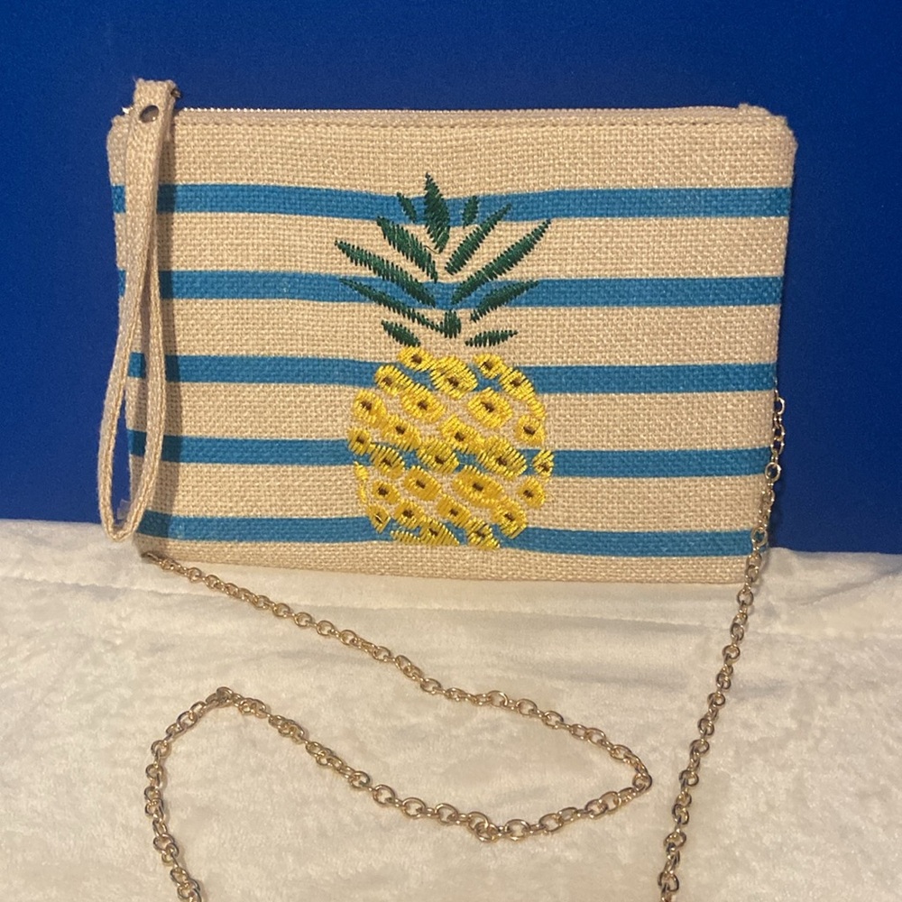 Like New! MMS Design Studio Blue & Cream Crossbody Bag w/Pineapple Embellishment